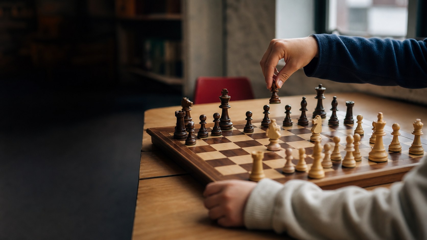 Two young players considering a move at a chessboard