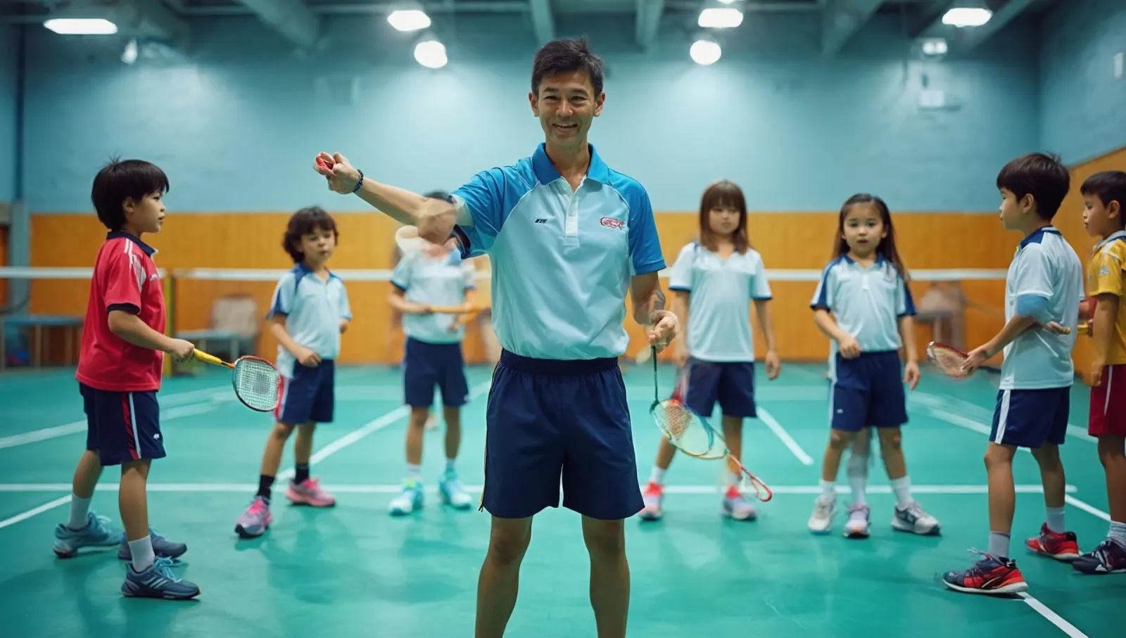 教练指导训练 - 专业教练为小学员示范羽毛球技术动作