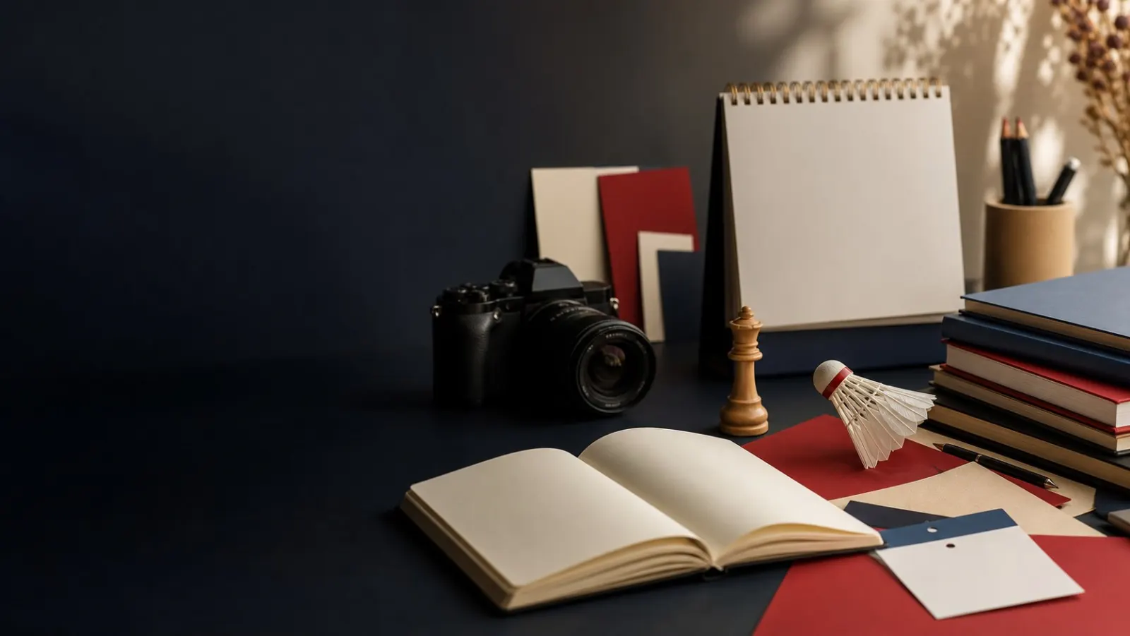 Books, a camera, a chess piece and a shuttlecock arranged on an editorial desk